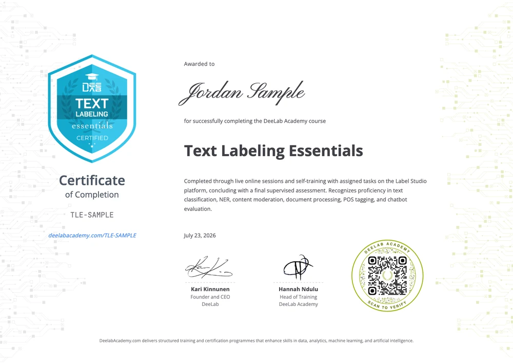 Sample DeeLab Academy certificate for Text Labeling Essentials, with badge, verification code, short verification address and scannable seal