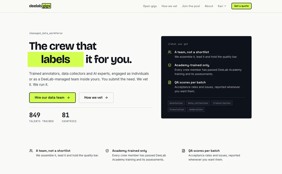 The DeeLab Gigs home page: the crew that labels it for you, with trained annotators, data collectors and AI experts engaged as individuals or as a managed team